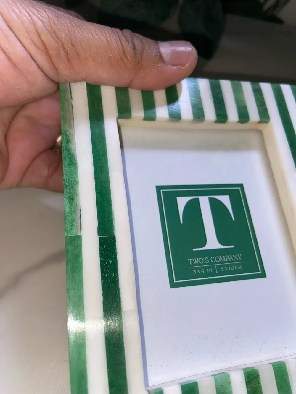 Two's Company Celebration Stripe Emerald and White Striped 3x4 Mini Photo Frame